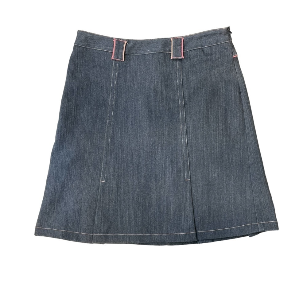 Mac & Jac Denim Knee Length Flap Pocket A Line skirt SZ 8 Pink Button Pleated